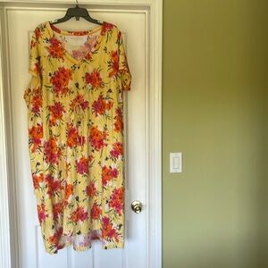 Stan Herman - yellow dress pink & orange flowers - pockets- cotton - 3X